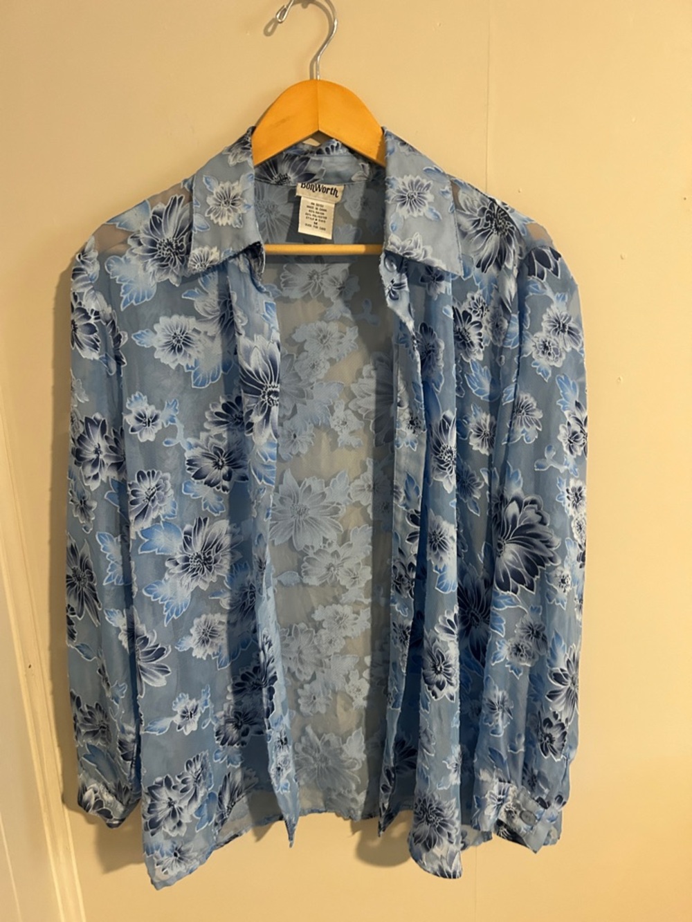 BonWorth Blue Floral Sheer Button-Up Blouse vintage